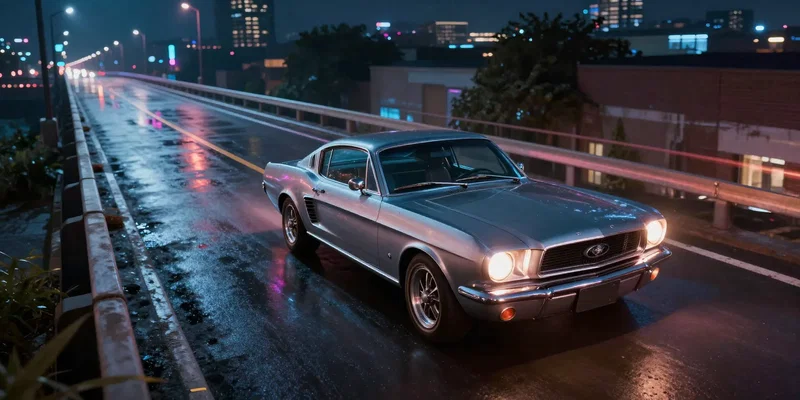 Looking back from a drone flying just ahead of a vintage Mustang on a neon-lit wet city bridge at night, reflections on the pavement, aggressive angle, cinematic cyberpunk vibe, photorealistic, unreal engine 5 render style --ar 16:9 --v 6.0