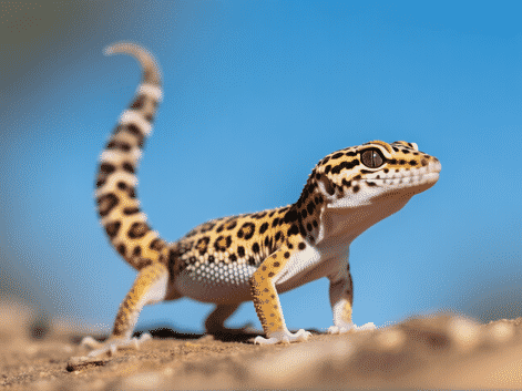 A leopard gecko from a low angle, tail waving slowly as it looks slightly off-camera, focused and alert, shallow depth of field, detailed scales, naturalistic texture --ar 16:9