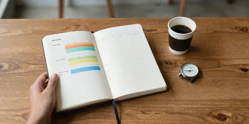 Hand holding a stylish Moleskie notebook open on a wooden desk in a Chiang Mai co-working space. The page shows a color-coded timetable with 'DEEP WORK', 'CLIENT HOURS', and 'ASIAN EXPLORE TIME' blocks. A specialty coffee and analog watch beside it. Style: flat lay, minimalist aesthetic, soft focus background, muted earth tones --ar 16:9