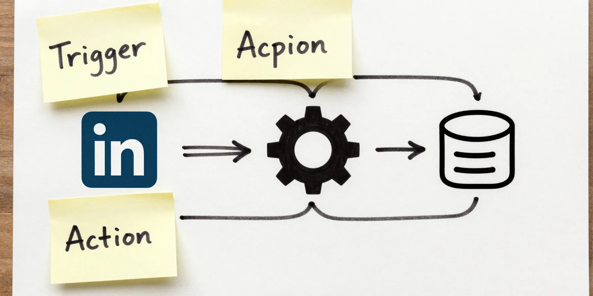 Midjourney prompt: A visual checklist or flowchart with hand-drawn aesthetic on a textured paper background. Simple icons: a LinkedIn logo, a gear (Zapier), a database icon (Airtable). Arrows flow between them. Sticky notes with handwritten words like 'Trigger' and 'Action' are attached. Casual, relatable, flat lay photography style with natural light.