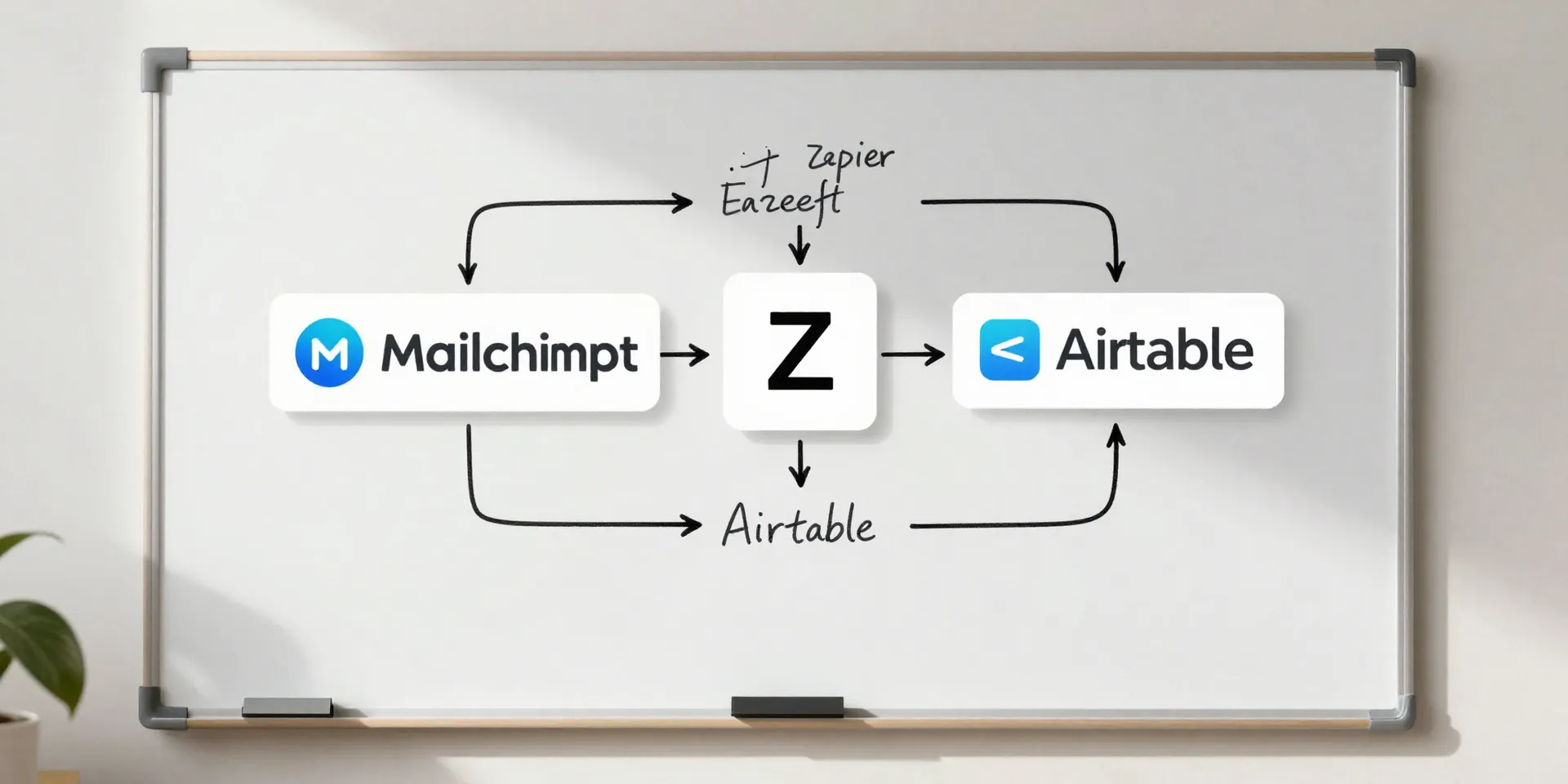 A simple, elegant flowchart on a whiteboard: Mailchimp logo -> Zapier 'Z' -> Airtable logo, with handwritten notes