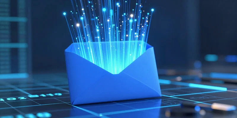 Midjourney Prompt: Glowing data streams flowing from a bright blue envelope into a futuristic grid database, 3D render, tech-focused, vibrant colors, unreal engine 5 --ar 16:9