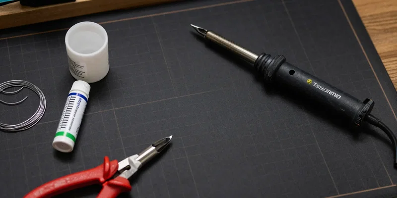 Flat lay of drone building tools on a dark cutting mat, featuring a TS100 soldering iron, a tub of rosin flux, silver solder wire, and wire strippers, moody workshop lighting, photorealistic --ar 16:9