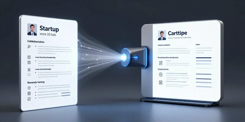 AI image prompt: Conceptual image. A glowing, complex startup resume on the left transforms into a clean, professional corporate CV on the right via a visual translator machine. Icons like 'wore 10 hats' become 'cross-functional leadership'. --style raw --ar 16:9