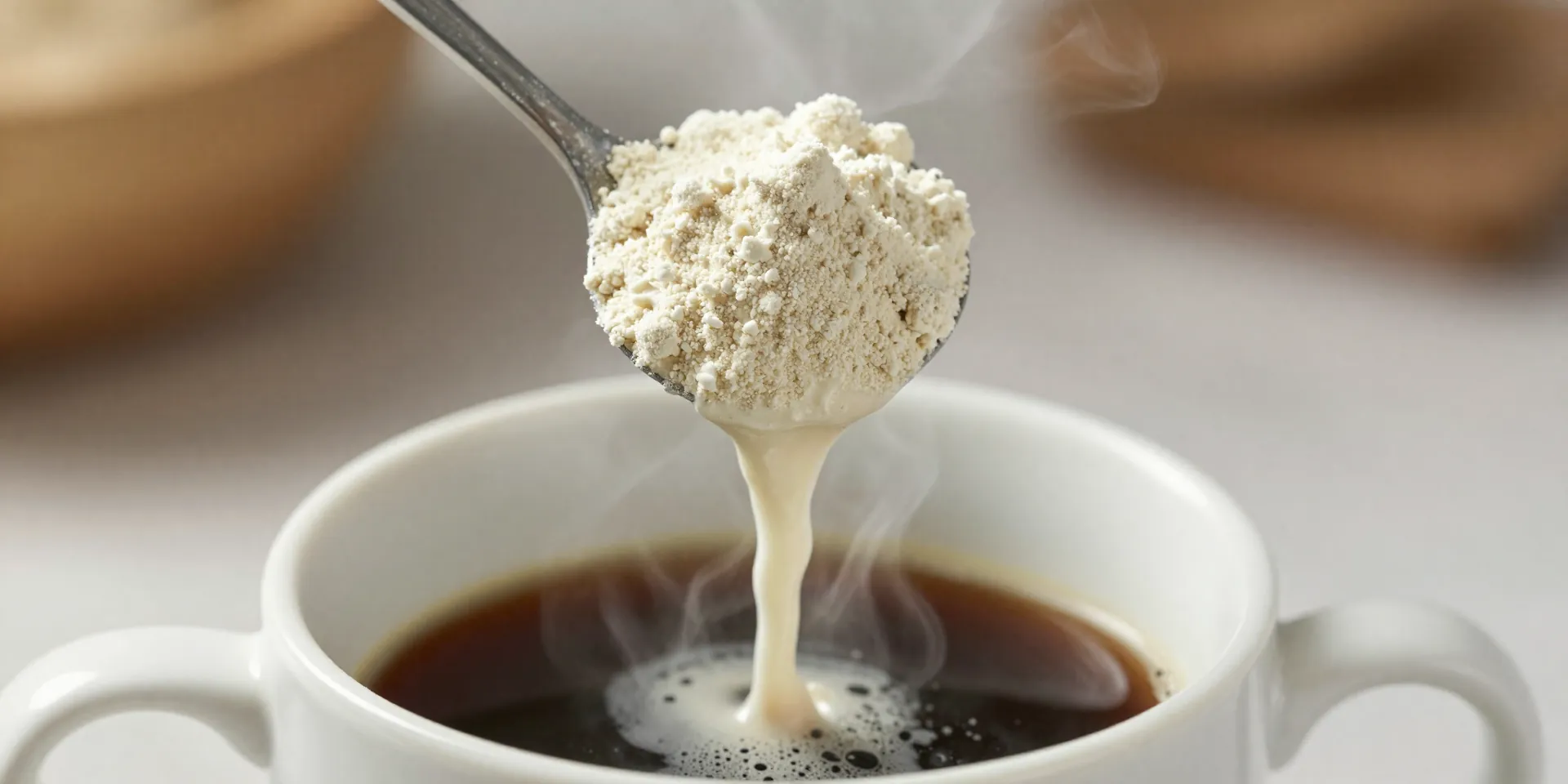 A hand pouring a scoop of rich, off-white keto creamer powder into a steaming mug of black coffee, creating a gentle cloud of powder, macro shot, shallow depth of field, morning light