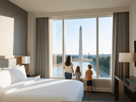 modern hotel room in Washington D.C., stylish and clean, floor-to-ceiling windows view of the Washington Monument, morning light, family with kids looking out, medium shot, minimalist design, bright and airy