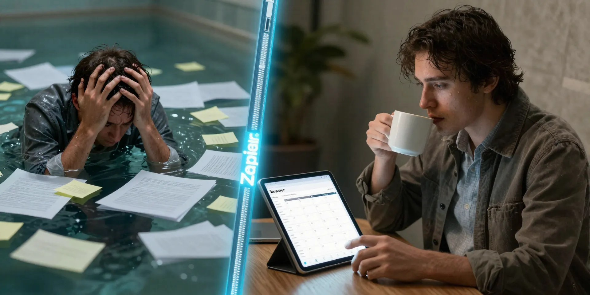 A split-screen image. Left side: A disheveled, stressed person drowning in papers and sticky notes. Right side: The same person, calmly sipping coffee, looking at a perfectly organized Airtable calendar on a tablet. The divide is marked by a glowing 'Zapier' zipper. Cinematic, storytelling style. --style raw --ar 16:9