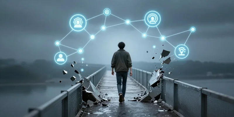 A person confidently walking across a narrow, futuristic bridge made of glowing skill icons and connection nodes, leaving a shaky, crumbling 