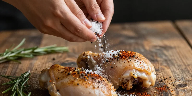 Midjourney Prompt: A highly detailed close-up of hands generously sprinkling flaky sea salt, cracked black pepper, smoked paprika, and dried rosemary over seasoned chicken thighs, herbs and spices scattering, dynamic motion blur, rustic wooden table, moody culinary photography.