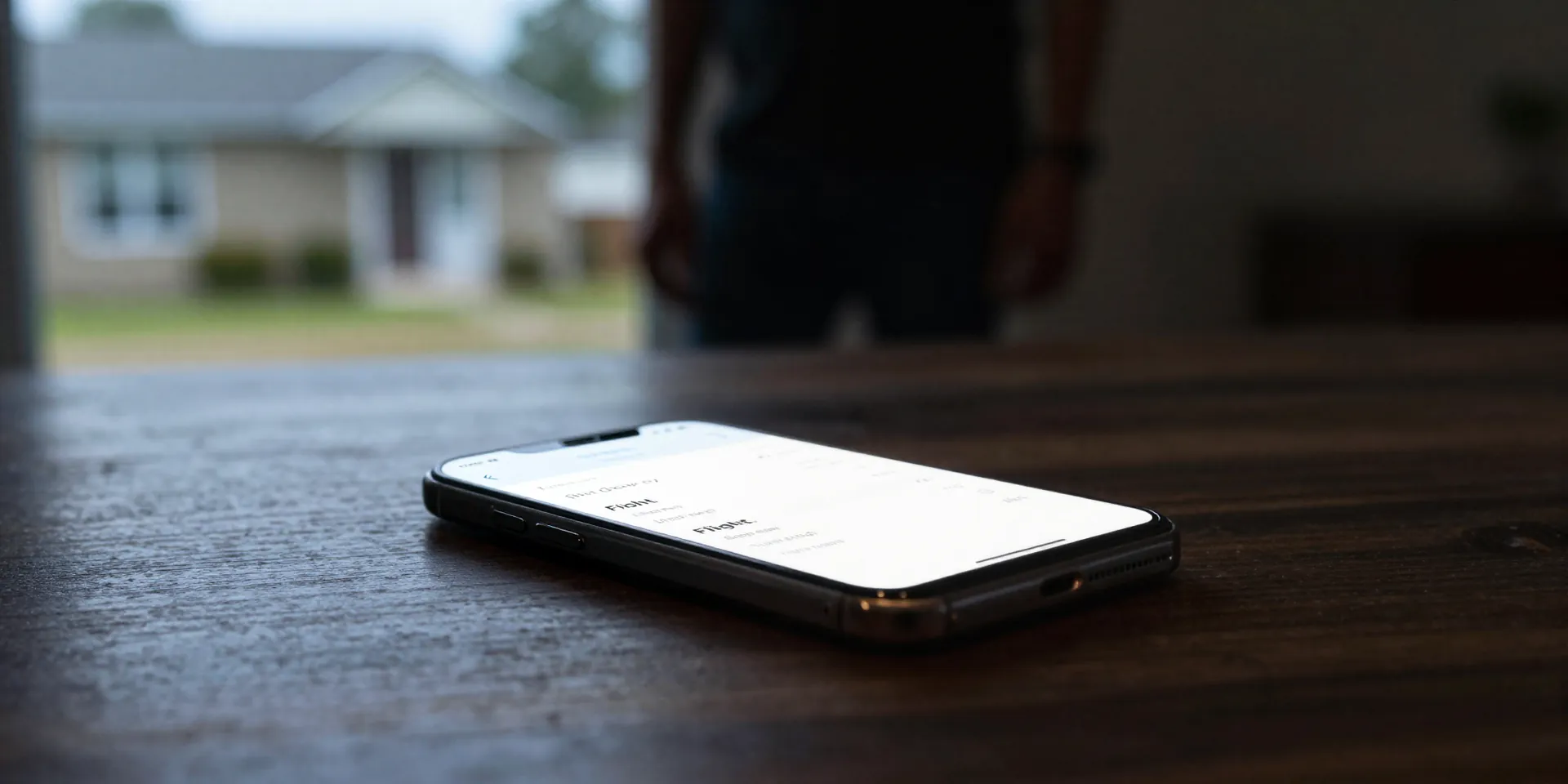 A glowing smartphone screen showing a flight ticket resting on a dark wooden table, an out-of-focus shadowy figure standing outside a suburban house window in the background, thriller aesthetic, depth of field --ar 16:9