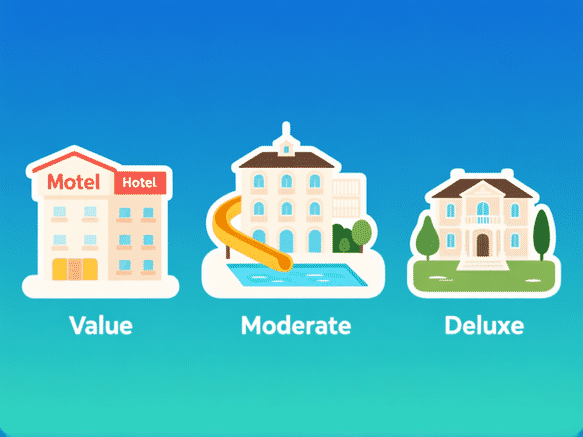 Three distinct hotel silhouettes on a gradient background - a simple but cheery motel (Value), a grand lodge with a pool