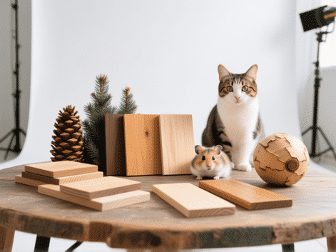 Midjourney prompt: A clean, bright studio shot of a selection of pet-safe wood samples like pine, fir, aspen, and poplar arranged on a rustic table, with a curious cat and a hamster in a ball nearby, sharp focus, vibrant colors, inviting and safe atmosphere.