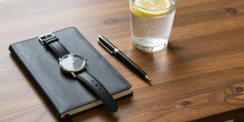 A minimalist shot on a polished wooden desk: a sleek watch on a black journal, a pen, and a glass of sparkling water with lemon. Clean, aspirational, morning light, high-end lifestyle photography. --ar 16:9
