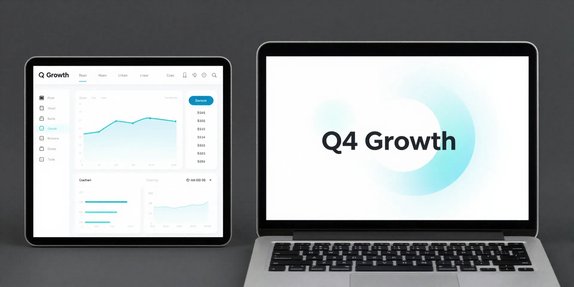 Split-screen image: left side shows a sleek app dashboard with graphs and fasting history, right side shows a laptop with a clean presentation slide titled 'Q4 Growth'. Top-down view, productivity aesthetic, clean lines, --ar 16:9.