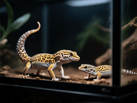 Two leopard geckos in one terrarium, one dominant lizard asserting dominance over a submissive one. Body language is tense, tails raised slightly. Moody lighting, realistic reptile textures.