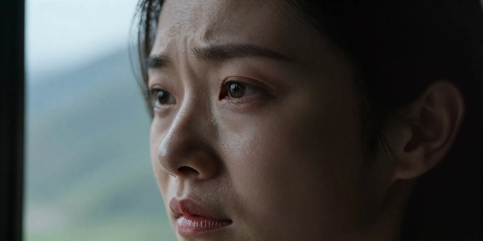 Stable Diffusion prompt: Extreme close-up portrait of a woman's face, visible stress in her eyes, overlooking a stunning but completely blurred out mountain vista through a window, shallow focus, emotional and raw, film grain texture, --ar 4:5