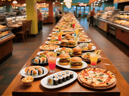 Food hall scene at Disney Springs, long wooden table packed with eclectic dishes: sushi rolls, gourmet burgers, artisanal