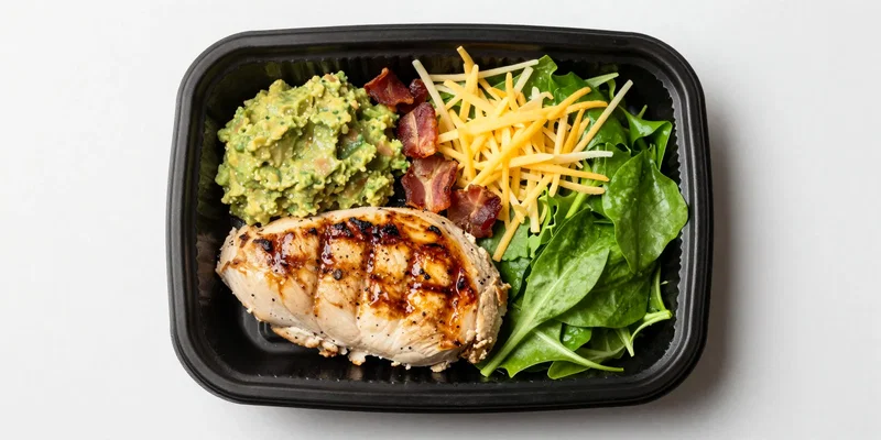 Stylish, minimalist overhead shot of a perfect airport keto meal: a black cardboard takeout box with a juicy grilled chicken breast, a hefty scoop of guacamole, crispy bacon bits, shredded cheese, and a side of fresh green salad. Clean presentation, natural light