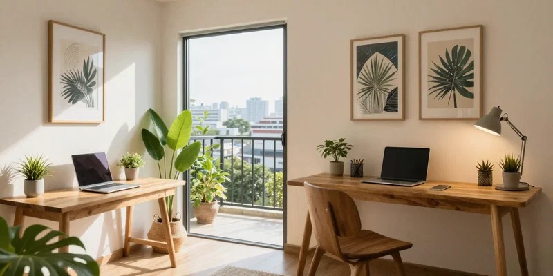 Cozy interior design, a light-filled studio apartment in Chiang Mai with minimalist decor, a laptop on a wooden desk, plants, local art on the wall, balcony with city view, warm afternoon sun, calming atmosphere, detailed textures --ar 4:3