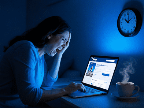 A harried parent at 6 am, illuminated by the blue light of a laptop, clicking furiously on a Disney World booking page