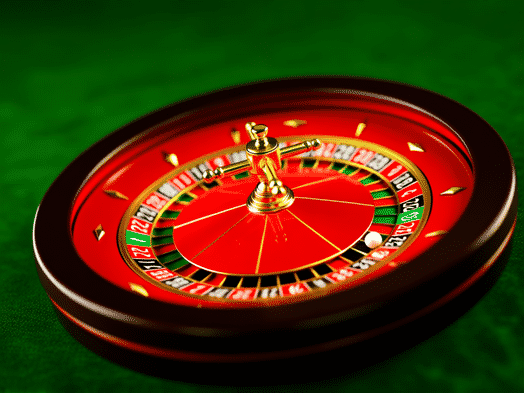 Close-up, stylized macro shot, a single red casino roulette wheel with miniature gold credit cards instead of numbers