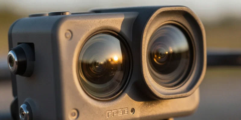 Close up of an FPV drone action camera lens with an ND filter attached, warm golden hour sun reflecting off the pristine glass, cinematic depth of field, photorealistic, macro photography --ar 16:9