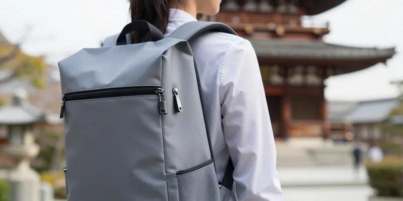 A sleek, modern minimalist anti-theft backpack worn by a female traveler, standing in front of a Kyoto temple. Focus on the hidden zippers and lock mechanism. Soft morning sunlight, editorial photography, 85mm lens, depth of field --ar 16:9
