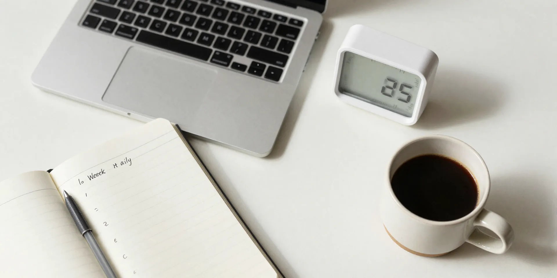 Overhead desk detail shot. A minimalist laptop, a physical notebook with a handwritten to-do list for the week, a local ceramic coffee cup, and a cheap analog timer showing 25 minutes. Sunlight on the desk. Clean composition, focused on productivity tools.