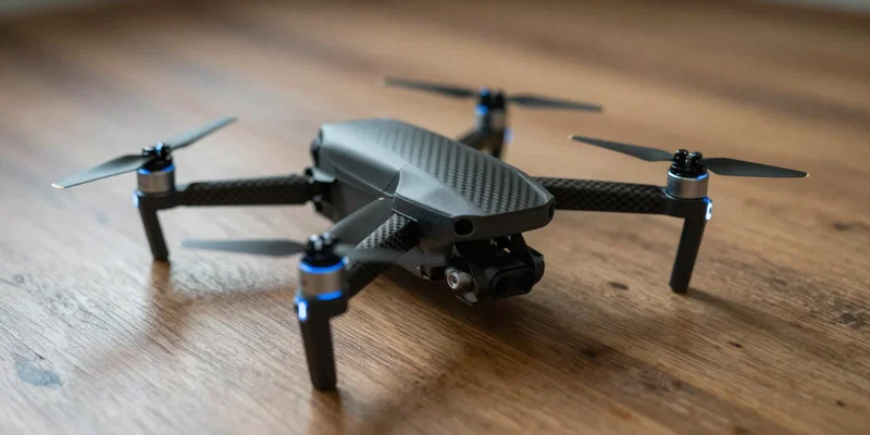 Macro photography of a small 65mm drone resting on a hardwood floor, carbon fiber details, neon blue propellers, shallow depth of field, moody indoor lighting, 8k resolution --ar 16:9 --v 6.0