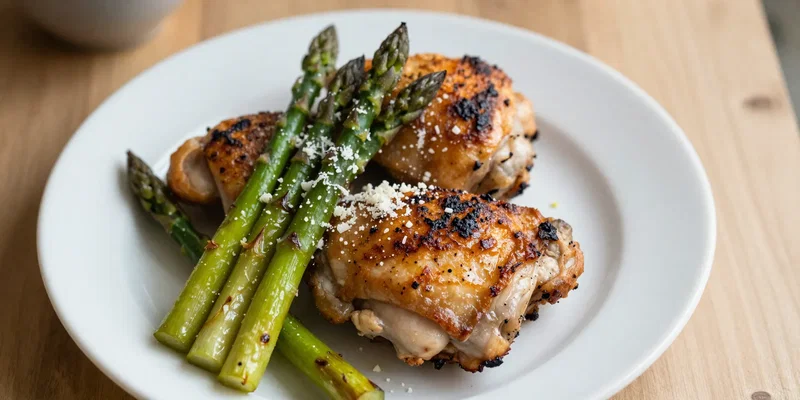 Overhead shot of a white dinner plate with juicy chicken thighs with crispy skin and vibrant roasted asparagus with parmesan, shot in a cozy, lived-in kitchen, shallow depth of field, warm tones