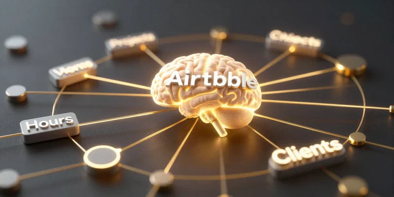 A beautiful, intricate network of glowing golden lines connecting various data points like 'Hours', 'Projects', and 'Clients' into a central, pulsing brain labeled 'Airtable'. 3D render, digital art, cyberpunk aesthetic, depth of field.