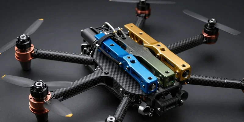 A set of colored aluminum hex drivers resting on a carbon fiber drone frame, sharp focus, cinematic lighting, top-down view, highly detailed --ar 16:9