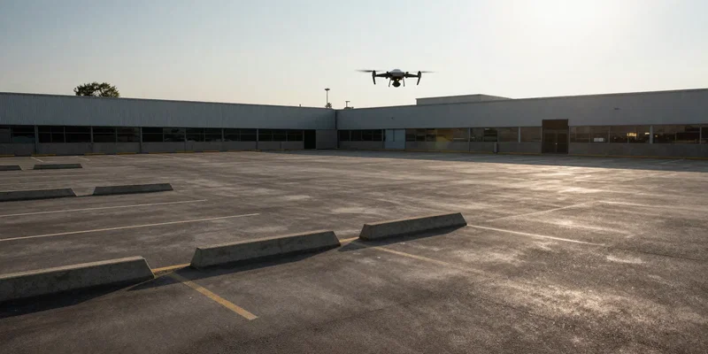 Wide shot of an empty, massive industrial parking lot early in the morning, a few concrete barriers acting as obstacles, an FPV drone zipping past the camera, gritty cinematic lighting, realistic --ar 16:9