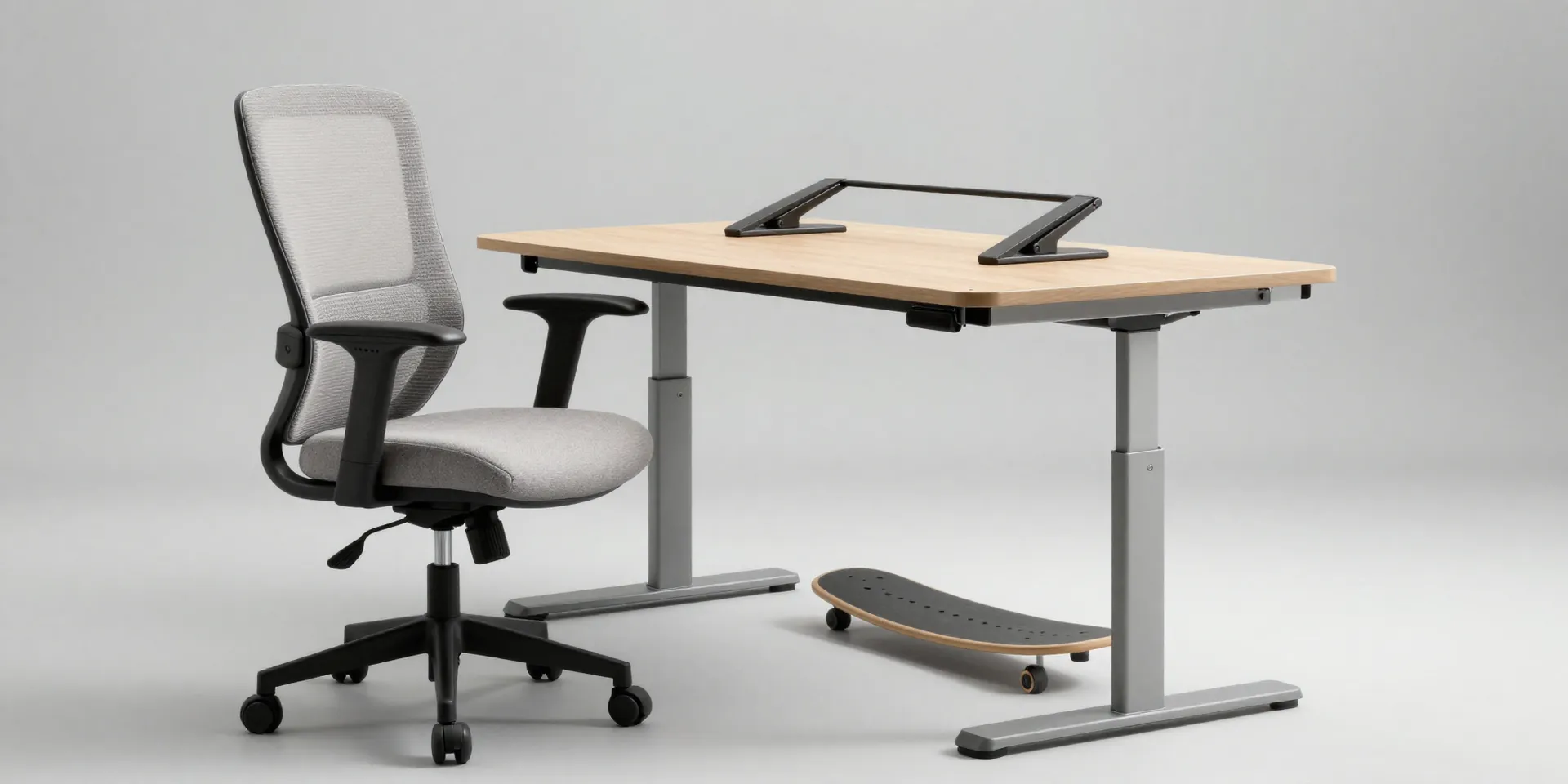 Midjourney prompt: An ergonomic office chair in a neutral fabric, with excellent lumbar support. Beside it, a sturdy, adjustable standing desk converter is on the desk surface. On the floor, a simple balance board. Style: clean product photography, minimalist, focused on design and function. --ar 16:9