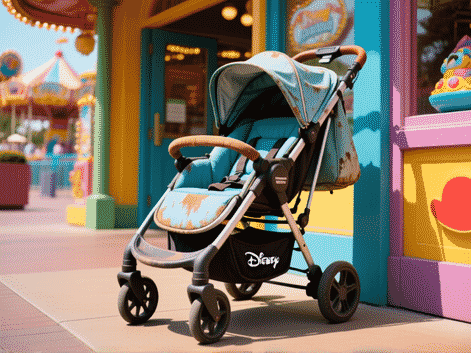 Midjourney Prompt: A realistic, slightly worn Disney rental stroller parked outside a vibrant attraction like 