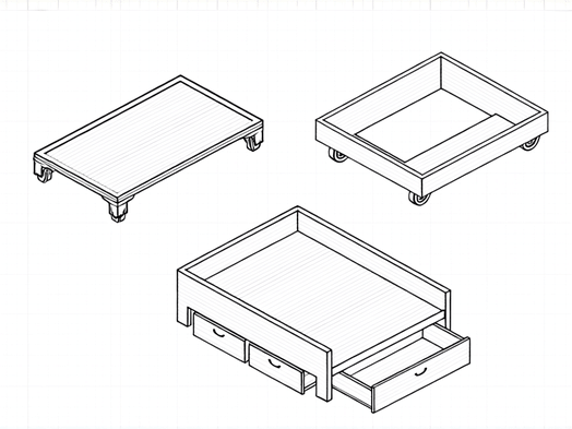 Midjourney Prompt: Three simple line drawing diagrams of van bed platform designs on graph paper: 1. A simple rectangular platform. 2. A platform with cut-out corners for wheel wells. 3. A raised platform with storage drawers underneath. Professional draft line art style, clean white background. --ar 16:9