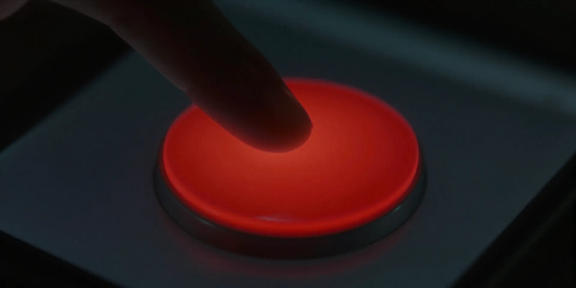 Extreme close-up, macro shot, of a thumb hovering over a large, red virtual button on a phone screen. The button's glow reflects subtly on the user's anxious face in the dark screen. Deep shadows, high contrast, dramatic, film noir lighting, photography --ar 16:9