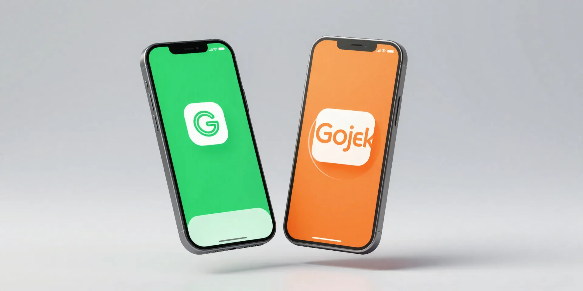Midjourney prompt: clean minimalist 3D render, two smartphone screens floating side-by-side on a neutral background, one screen showing the iconic green Grab app interface, the other showing the vibrant orange Gojek app, subtle glowing outlines, isometric view --ar 16:9 --v 6.0