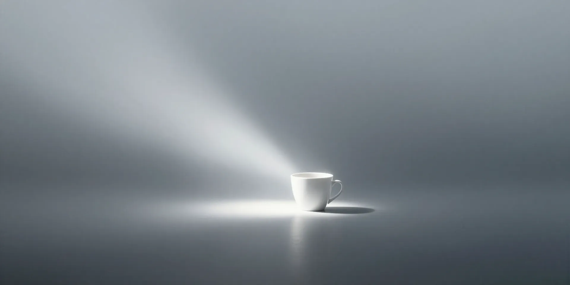 Midjourney prompt: A sharp, focused beam of light cutting through a dense, foggy morning brain cloud. Surreal, minimalist art. Bright coffee cup sits at the source of the light beam. Moody lighting, high contrast --ar 16:9
