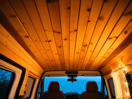 interior shot looking up at a van ceiling, DIY wood slat paneling made from lightweight pine strips, warm cozy cabin vibe, fairy lights, shallow depth of field, lifestyle photo, cozy van life