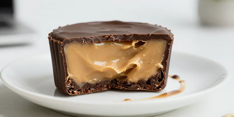 Midjourney Prompt: Extreme close-up of a keto peanut butter cup, cross-section view showing thick layer of peanut butter filling and dark chocolate shell, placed on a white saucer with a coffee stain ring, minimalist office background --ar 16:9 --style raw