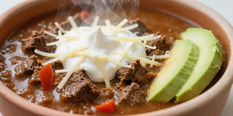 Close-up shot of a rich, thick beef chili in a stoneware bowl, chunks of beef and peppers visible, topped with shredded cheese, sour cream, and avocado slices, steam rising, macro texture, depth of field, photorealistic