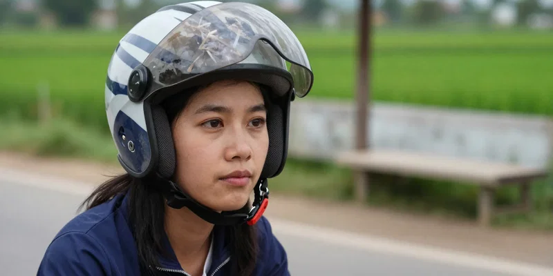 A determined close-up portrait of a solo female rider in a stylish but sturdy helmet with a tinted visor down. She's stopped at a dusty roadside cafe in rural Vietnam, looking ahead with a calm, focused expression. The background is a blur of green rice paddies and a single, worn road. Focus on her eyes in the visor's reflection. --ar 4:5 --v 6.0