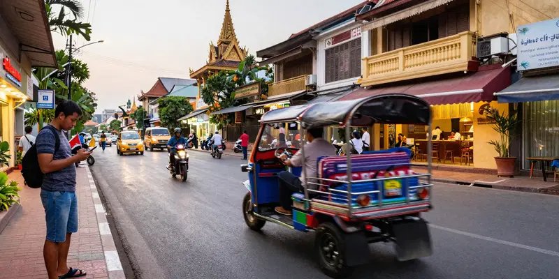 Wide-angle photo of a busy street in Phnom Penh, Cambodia. A tourist is looking at their phone, a tuk-tuk speeds by in the foreground. Early evening light, vibrant colors, sense of movement and place.
