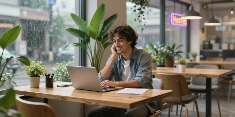 Midjourney prompt: A digital nomad smiling in relief, working at a sleek wooden desk in a bright, quiet, modern coworking space with large plants, the scene is peaceful and orderly, viewed through a rainy window, outside the window is a blurred, rainy street with a neon hostel sign, photorealism, warm tones --ar 16:9