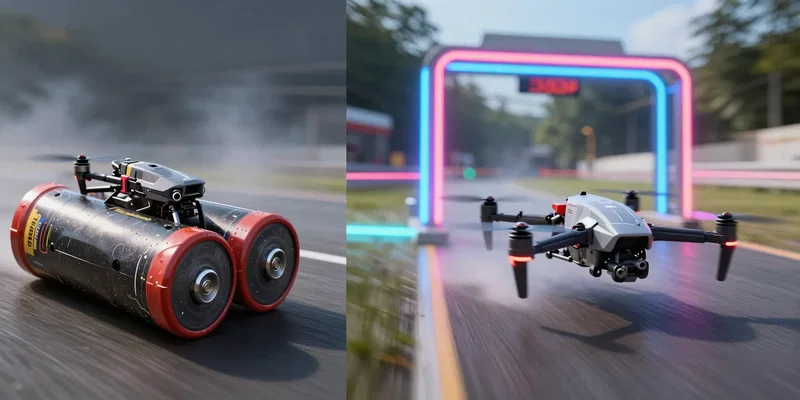 Split screen conceptual photography, left side shows a heavy massive battery weighing down a struggling racing drone, right side shows a tiny agile barebones FPV drone zipping effortlessly through neon racing gates, high speed action, motion blur --ar 16:9