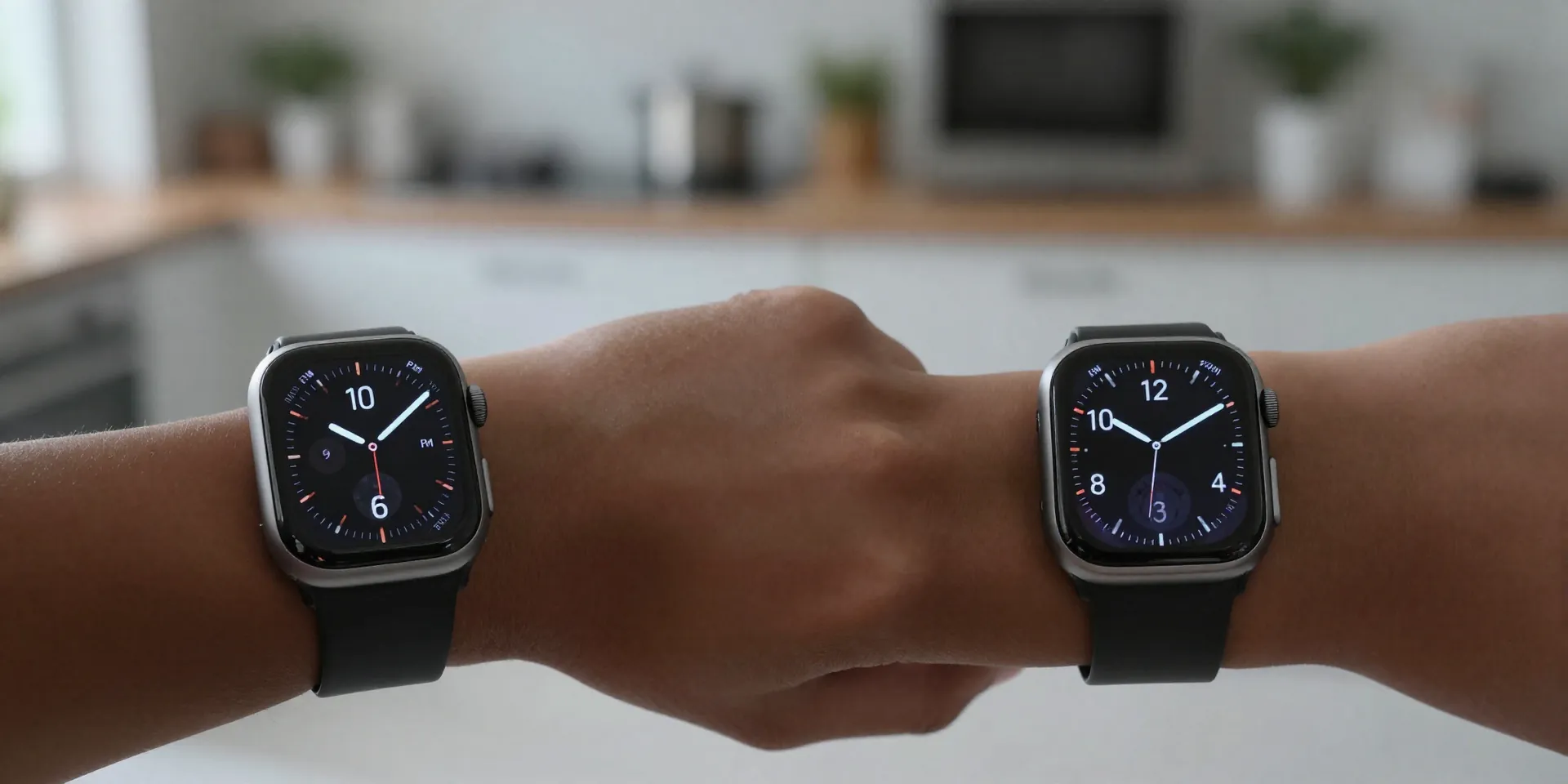 AI Image Prompt: Conceptual split-image. Left side: A sleek smartwatch on a wrist showing 6:00 PM. Right side: The same watch showing 12:00 PM. Background is a soft-focus modern kitchen. Symbolic, clean, and tech-forward. Moody lighting, shallow depth of field --ar 16:9