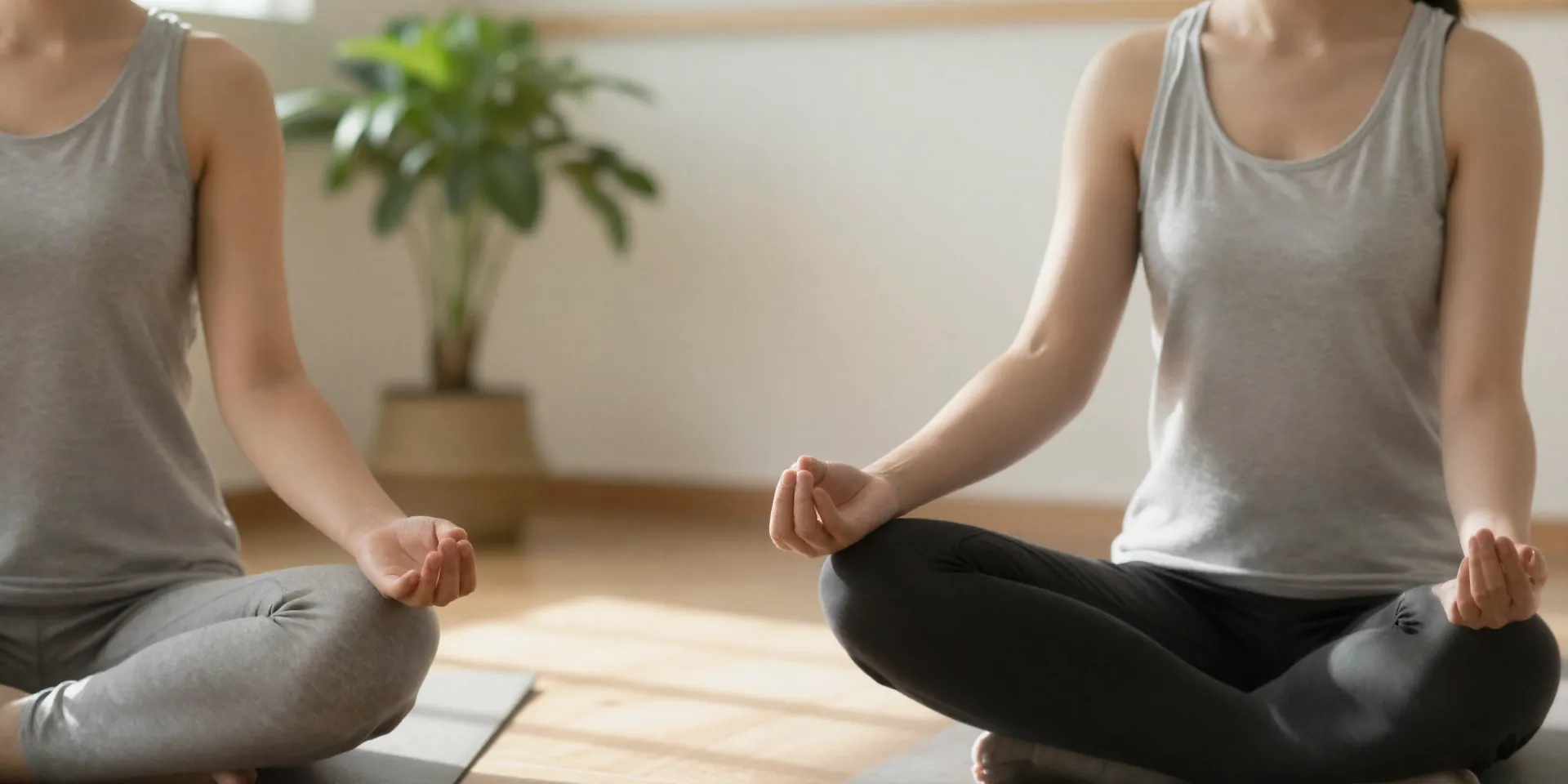 A person meditating in a sun-drenched, minimalist room with a single potted plant. Focus on serenity and inner calm. Soft focus, warm light, lifestyle photography –v 6.
