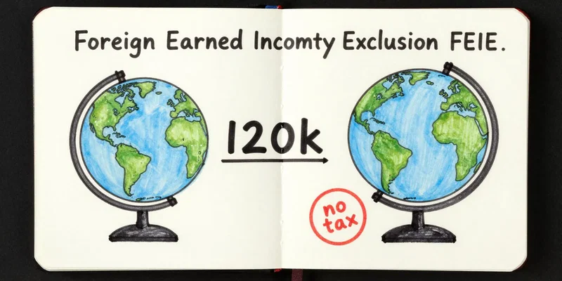 An infographic-style illustration in a Moleskine notebook, hand-drawn with ink and watercolor. Visual explanation of the Foreign Earned Income Exclusion (FEIE) showing a globe, a simple '120k' figure, and a 'no tax' stamp. Playful, educational, and minimalist style on textured paper.