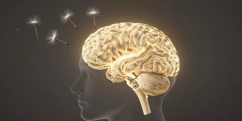 AI Image Prompt for Stable Diffusion: A cross-section illustration of a human head, the brain glowing with soft gold light. Dandelion seeds (ideas) are floating out from the top during a moment of rest, surreal and beautiful. Paper texture, scientific diagram style. --no photograph, realistic
